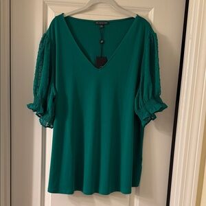 Adrianna Papell Emerald V-Neck Blouse with Textured Sleeves